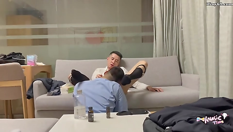 Two hot babes share a cock